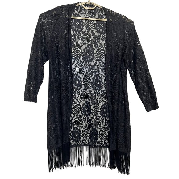Questions 2X Black Lace Fringe Open Kimono 3/4 Sleeves Witchy Goth Fairy Y2K - Picture 1 of 16